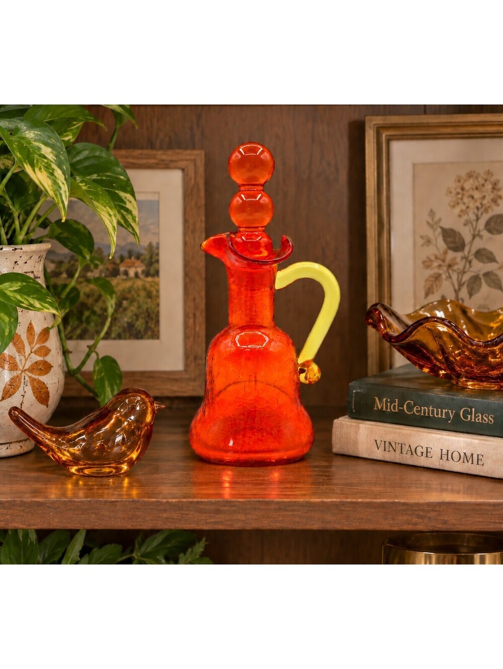 Vintage Rainbow Art Glass Orange Red Crackle Cruet Double Bubble Stopper MCM
